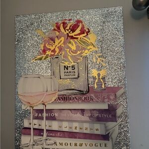 Chic Glitter Canvas Art with Floral and Book Design